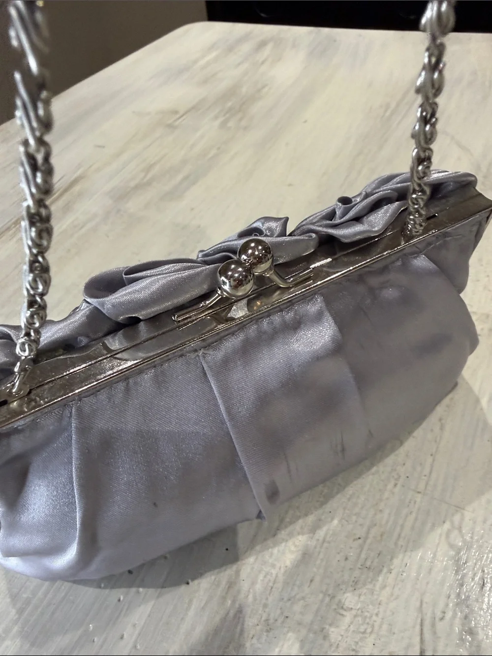Source Unknown Silver Satin Rosette Clutch
